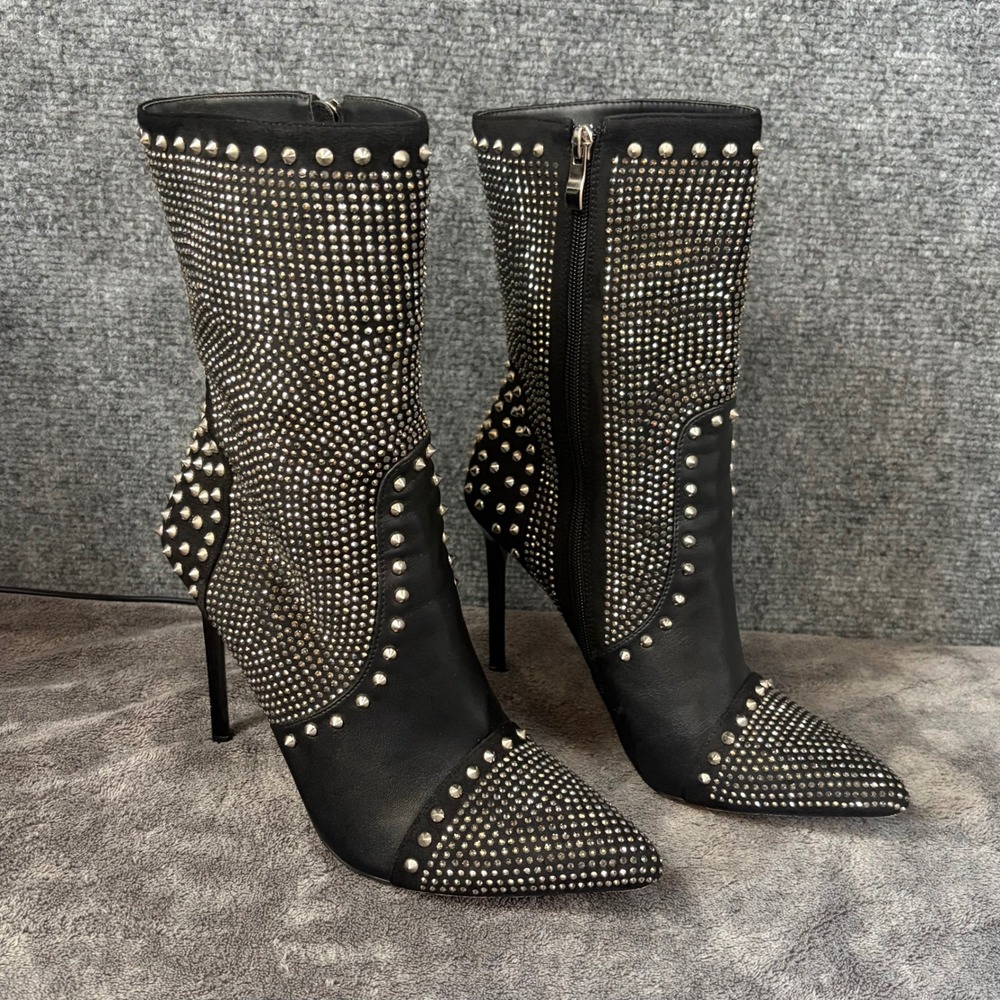 Azelea Wang  Studded Rhinestone Ankle Boots Womens Black Excellent Stiletto Edg‎